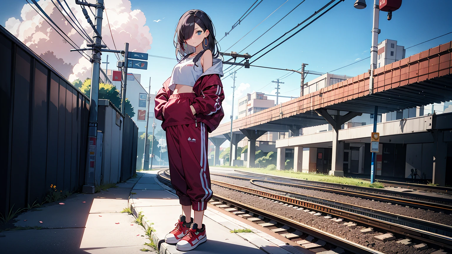 (best quality), ((masterpiece)), (highres), illustration, original, extremely detailed, 1girl, headphones, solo, Electric guitar Amplifile Guitar, sky background, midriff, pants, blue eyes, hair over one eye, simple background, shoes, black hair, long hair, hood, full body, red jacket, looking at viewer, hoodie, sneakers, hoop earrings, crop top, red pants, standing, jacket, baggy pants, there is a train crossing on the tracks near the ocean, beautiful anime scene, ( ( makoto shinkai ) ), anime landscape, beautiful anime scenery, anime movie background, makoto shinkai. —h 2160, makoto shinkai cyril rolando, anime beautiful peace scene, anime background art, anime scenery, anime background, colorful anime movie background