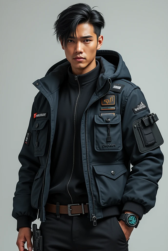 Appearance: Kenji is of mixed Indian-Japanese descent, with a lean build, sharp facial features, and a calm, focused expression. He has short, jet-black hair, often styled neatly to the side, and dark brown eyes that show a mix of intelligence and intensity.Clothing: He wears a tactical jacket with modern, sleek design elements, adorned with a few tech gadgets and devices integrated into the fabric. Underneath, he has a simple t-shirt, and he completes his look with cargo pants and combat boots.Accessories: Kenji has a high-tech wristwatch with holographic displays, and his belt is equipped with small pouches for tools and devices. A pair of sleek, high-tech glasses or a visor could also add to his cyber warfare expertise.Posture: Kenji stands in a relaxed but ready posture, one hand possibly resting on his belt or adjusting his glasses, conveying his role as a strategist and tech expert.