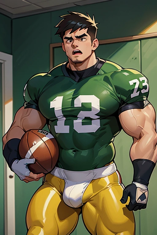 Danny Phantom, ghost, hypnosis, jock, conversion, locker room hallway, hyper muscles, jockstrap, bro, meathead, hypnotized, brainwashed, brainwashing, big dumb jock, football. Danny Fenton is hypnotized by Dash to become another dumb football jock bro. Glowing green eyes. Hyper crotch bulge. Massive bulging crotch. Big balls. Big biceps. Big triceps. Big traps. Broad shoulders. Big meaty pecs. Big thighs. Thick glutes. Football team assimilation. Black hair. Deep dull voice. glazed expression. dumber and dumber. Open mouth. Clothes turning into a football uniform. Forgetting. "I feel like I ... I ... I'm a ... I'm a .... "Bro, I feel ... kinda ... uhhh ... stupid...? Like, ... my head gets ... dumber, and ... dumber, and ... dumber..... I'll ... be dumb ... for Coach.... Bigger and bigger ... dumber and dumber.... Huhuhuh.... Yes, Coach. A good dumb jock is big and dumb. A good dumb jock's what I'll become.... Must grow big..... Must grow dumb.... Don't think.... Obey Coach.... Yes, Coach, I must obey.... The Big Dumb Jocks are here to stay.... Protect the QB. Whatever you say.... Dash, ... is my quarterback.... Dash ... is my bro.... Bully nerds.... Give wedgies.... Be a jerk.... Yes, Coach.... Yes, Dash.... I obey.... Let's crack some skulls." IQ drain. Dumber and dumber. Meathead. Musclehead. Brute. Brutification. Brainwashing. Brainwashed. Number 13 football jersey. Blonde highlights.