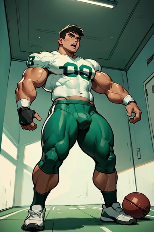 Danny Phantom, ghost, hypnosis, jock, conversion, locker room hallway, hyper muscles, jockstrap, bro, meathead, hypnotized, brainwashed, brainwashing, big dumb jock, football. Danny Fenton is hypnotized by Dash to become another dumb football jock bro. Glowing green eyes. Hyper crotch bulge. Massive bulging crotch. Big balls. Big biceps. Big triceps. Big traps. Broad shoulders. Big meaty pecs. Big thighs. Thick glutes. Football team assimilation. Black hair. Deep dull voice. glazed expression. dumber and dumber. Open mouth. Clothes turning into a football uniform. Forgetting. "I feel like I ... I ... I'm a ... I'm a .... "Bro, I feel ... kinda ... uhhh ... stupid...? Like, ... my head gets ... dumber, and ... dumber, and ... dumber..... I'll ... be dumb ... for Coach.... Bigger and bigger ... dumber and dumber.... Huhuhuh.... Yes, Coach. A good dumb jock is big and dumb. A good dumb jock's what I'll become.... Must grow big..... Must grow dumb.... Don't think.... Obey Coach.... Yes, Coach, I must obey.... The Big Dumb Jocks are here to stay.... Protect the QB. Whatever you say.... Dash, ... is my quarterback.... Dash ... is my bro.... Bully nerds.... Give wedgies.... Be a jerk.... Yes, Coach.... Yes, Dash.... I obey.... Let's crack some skulls." IQ drain. Dumber and dumber. Meathead. Musclehead. Brute. Brutification. Brainwashing. Brainwashed. Number 13 football jersey. Blonde highlights.