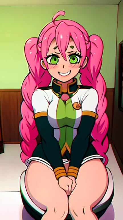 8k high definition, Mitsuri Kanroji, pink hair, green hair, braids, huge natural breasts, seductive pose, shy embarrassed smile, hashira uniform, demon slayer uniform, sexy hips, sitting on toilet 