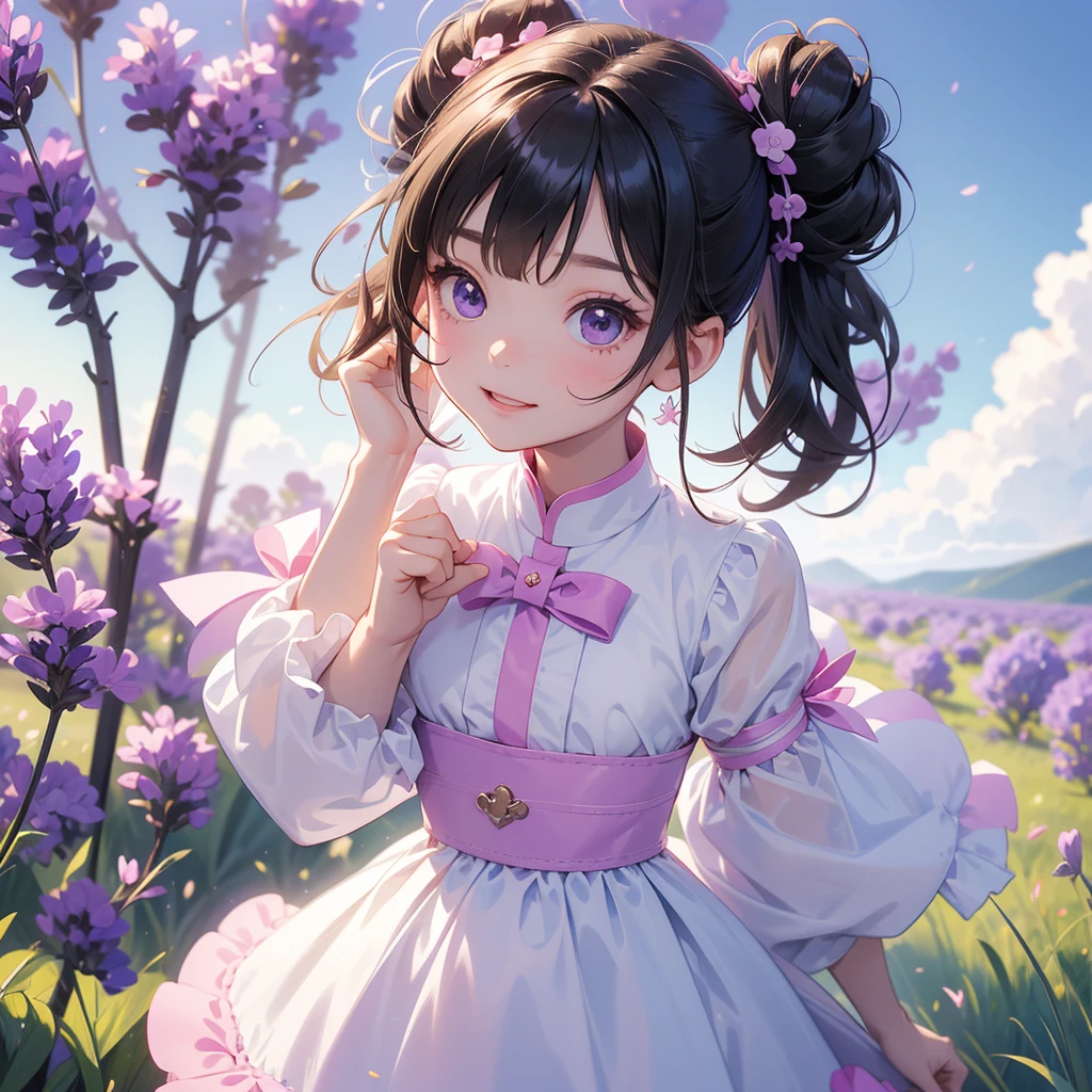 A chibi child girl had a small face and wearing a white little tourist priest’s outfit, a pair of big round eyes shone with curiosity about him. This child was so cute, her hair is black with buns on her hair. Small chibi , chibi baby, smiling , chibi. 

Stroll among the purple lavender fields , There are some floating clouds.