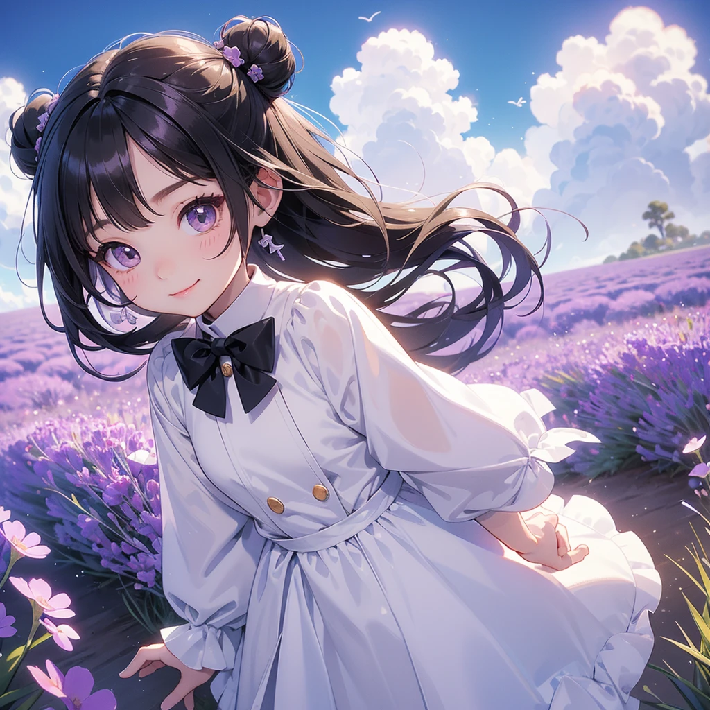 A chibi child girl had a small face and wearing a white little tourist priest’s outfit, a pair of big round eyes shone with curiosity about him. This child was so cute, her hair is black with buns on her hair. Small chibi , chibi baby, smiling , chibi.
Stroll among the purple lavender fields , There are some floating clouds.
