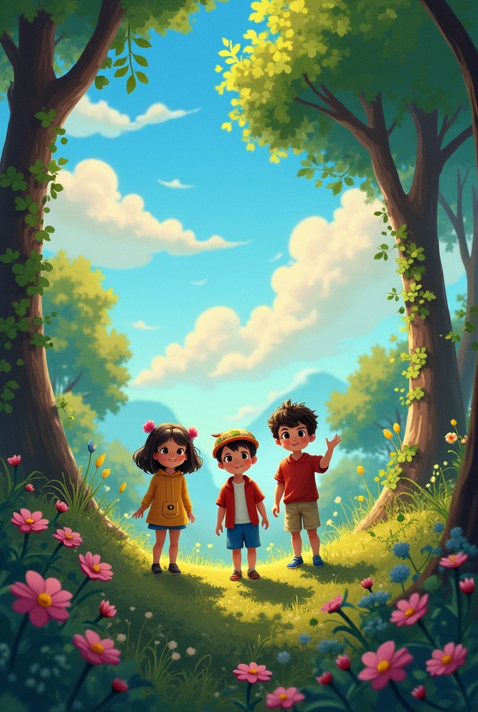 अंदर जाते ही उन्होंने खुद को एक जादुई दुनिया में पाया। वहां पेड़-पौधे बोलते थे, जानवर गीत गाते थे, और आसमान में रंग-बिरंगे बादल तैर रहे थे। बच्चे हैरान रह गए और इस नई दुनिया की सैर करने लगे। 
