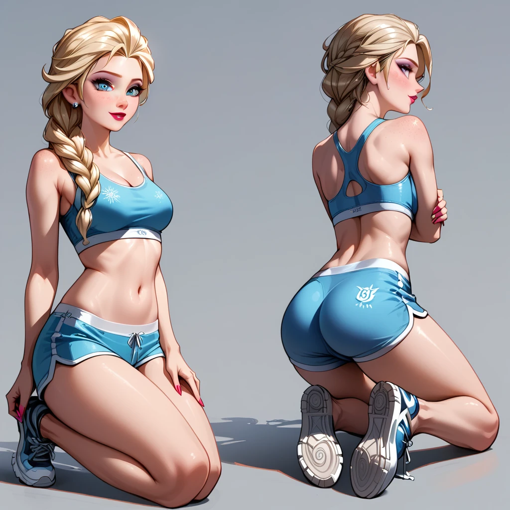 score_9, score_8_up, score_7_up, score_6_up, sketch_sheet, solo, BREAK 1girl, (Elsa, blonde, braid:1.3), dominant gorgeous girl, same character, BREAK perfect lips, tall, (Sexy gym girl), tight blue dolphin shorts, cropped white sports bra, sneakers, BREAK frontal body view, back body view, Depth, Many parts, Multiple poses and expressions, kneeling, BREAK highly detailed, (ultra-detailed), (best illustration), (best shadow), (absurdres), BREAK (very aesthetic), (4k, intricate), (detailed face:1.2), cowboy shot.