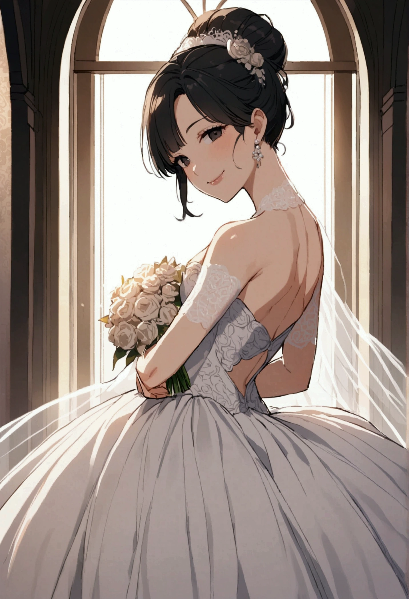 40 year old black haired aunt, high bun, black eyes, often smile, wear wedding dress