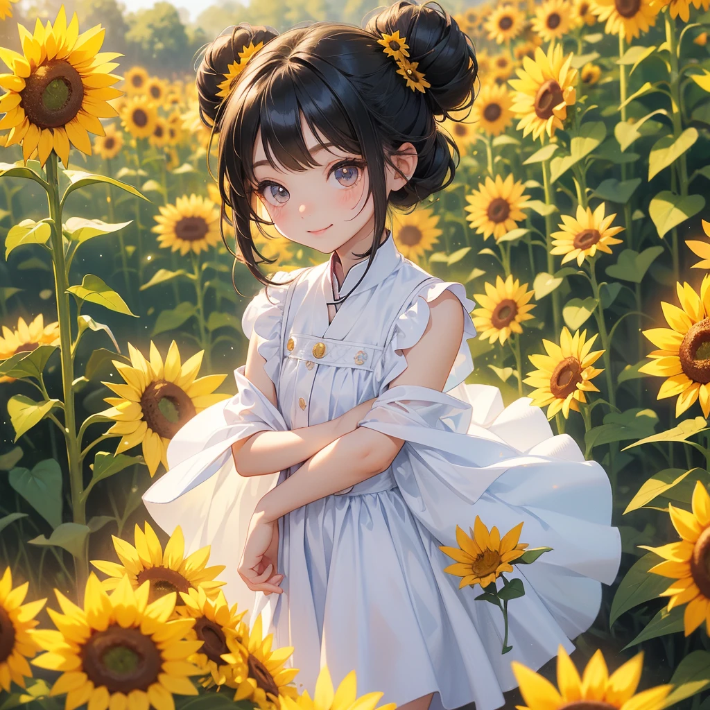 A chibi child girl had a small face and wearing a white little tourist priest’s outfit, a pair of big round eyes shone with curiosity about him. This child was so cute, her hair is black with buns on her hair. Small chibi , chibi baby, smiling , chibi.
Strolling among the sunflower fields Glowing yellow,