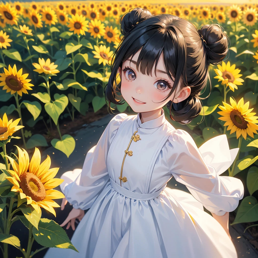 A chibi child girl had a small face and wearing a white little tourist priest’s outfit, a pair of big round eyes shone with curiosity about him. This child was so cute, her hair is black with buns on her hair. Small chibi , chibi baby, smiling , chibi. 

Strolling among the sunflower fields Glowing yellow,