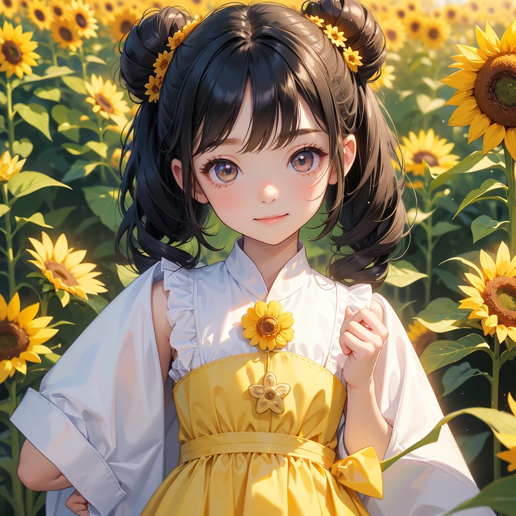 A chibi  girl had a small and wearing a white little tourist priest’s outfit, a pair of big round eyes shone with curiosity about him. This child was te, her hair is black with buns on her hair. Small chibi , chibi baby, smiling ,bi. 

Strolling among the sunflower fields Glowing yellow,