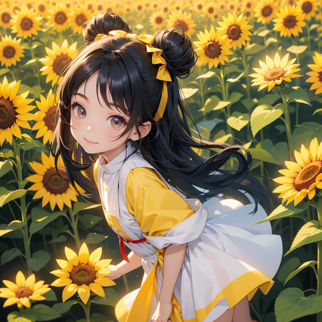 A chibi  girl had a small and wearing a white little tourist priest’s outfit, a pair of big round eyes shone with curiosity about him. This child was te, her hair is black with buns on her hair. Small chibi , chibi baby, smiling ,bi. 

Strolling among the sunflower fields Glowing yellow,