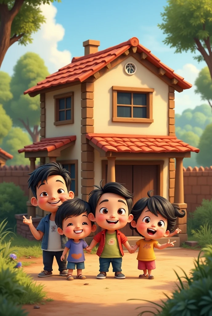 New House: Ramu and his family move into their new, slightly bigger and better-constructed house, smiling and celebrating their improved living conditions.