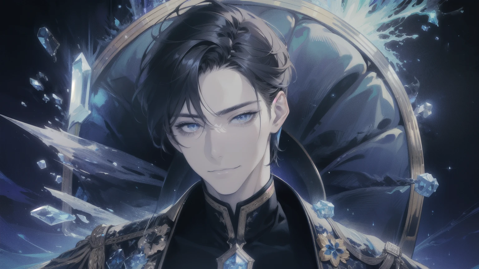 (Absurd, High resolution, Super detailed), 1 male, Adult, good looking, Tall Man, , Detailed drawn eyes, Dark Hair, Fantasy, Complex patterns, Throne, Magical Effects,ice, intense cold, smile, (Dutch Angle), Mouth closed
