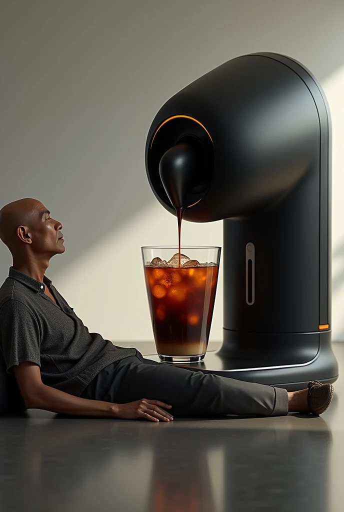 Realistic pictures in high resolution. An automatic-futuristic coffee machine maker, making special iced black coffee and the result dripping in a very big artistic cup. Beside the artistic cup laying an Indonesian man on a long chair, 60 years old, bald, slim, in casual. The man drinks the coffee using straw. Excited moment.