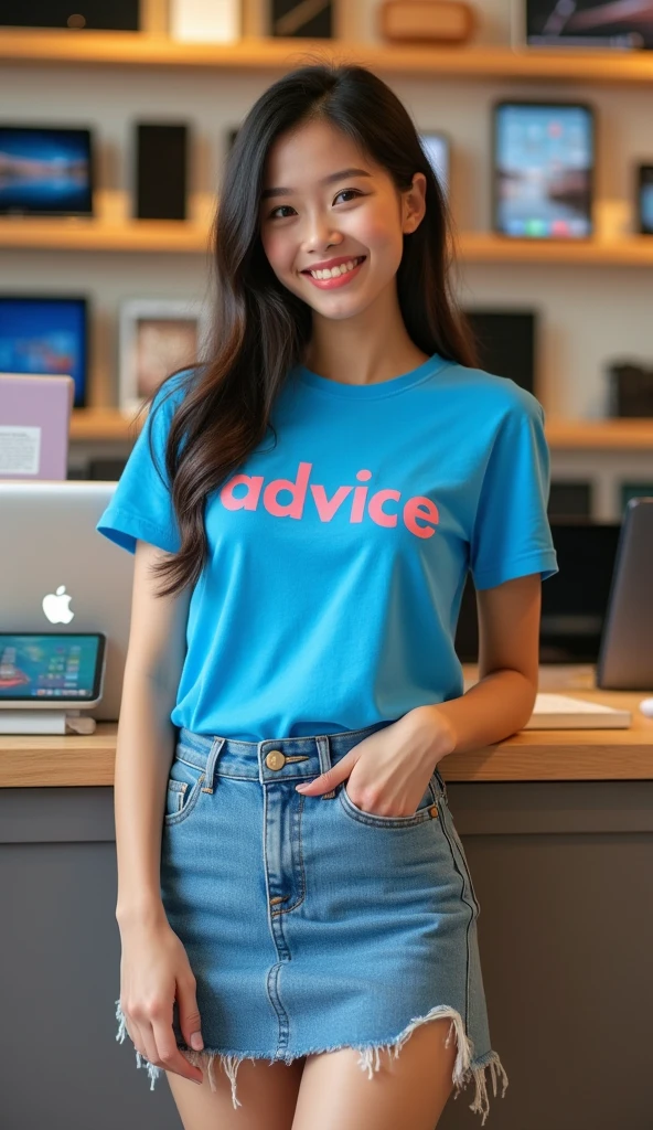 A beautiful Thai girl wearing a blue T-shirt with the words printed on it "ADVICE", Wear a short jean skirt, (Standing holding a GENAI TRANG sign)"In a tablet computer shop, ((full body))