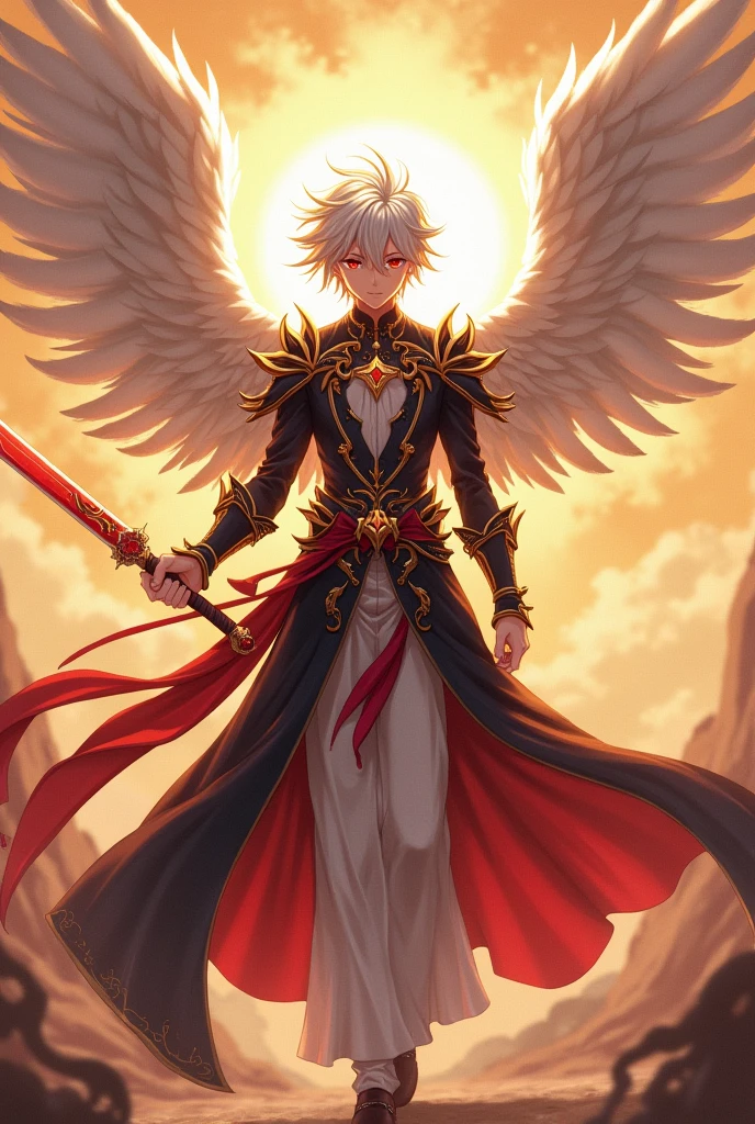 A realistic angel god anime boy wearing a beautiful red black and white dress.
His hair colour is white and black mixed
This pic is looking from some distance
And he has 4 angel wings and his eye colour is red
And he has angels sword in her hand and he is standing with his sowrd in his hand . The sword has magical power . With a beautiful background.
And the picture has some golden colour effect