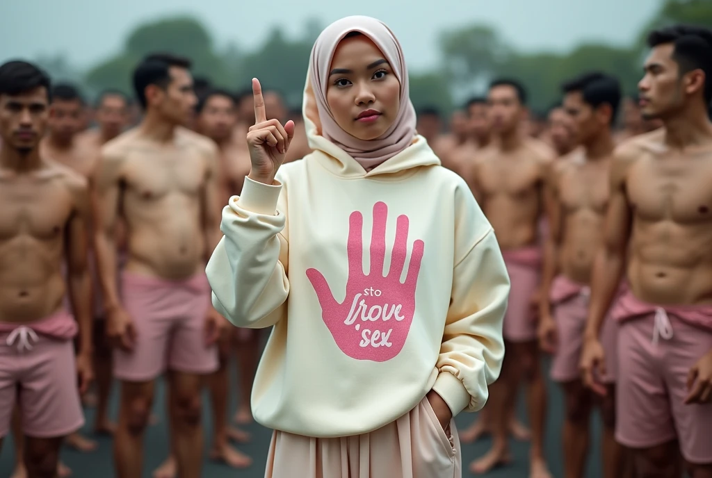 A hijaber indonesian pretty woman, wearing a cream hoodie with a strong vector design featuring a silhouetted image of a five-fingered palm in pastel colour with love and light. The phrase "STOP FREE SEX" is displayed in bold simple elegand, distressed typography with pastel colours, while holding her long skirt, wearing hijab, one-handed pose pointing upwards, in a public place, surrounded by many naked men, jav idol, with front shooting angle, very realistic, (complex detail: 0.9), (hdr, hyperdetail: 1.2), RAW, Sony Alpha a9 II, 24-105mm f/4, HDR,