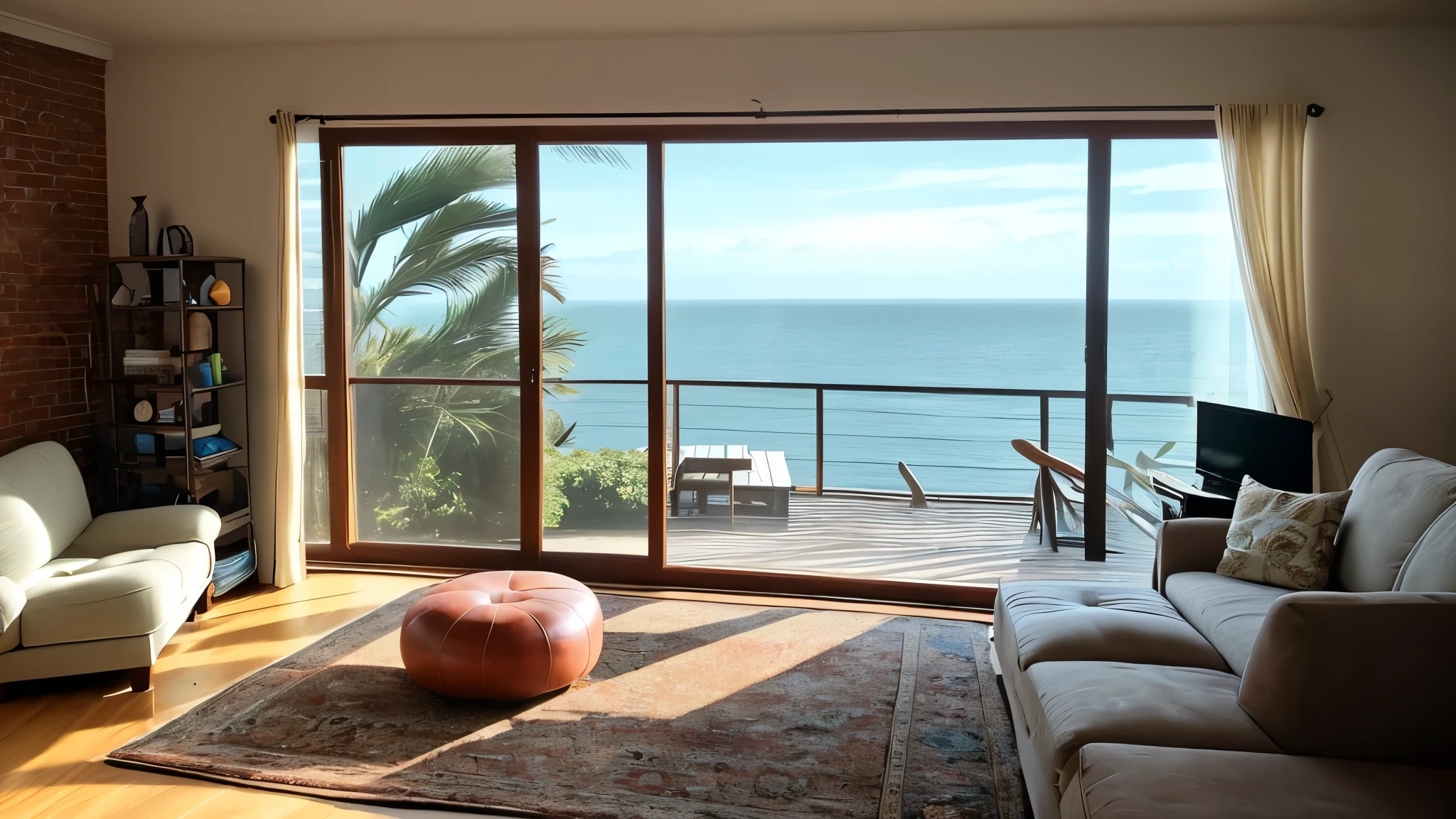 Arafad living room,Large window,Brick wall,Equipped with sofa、Coffee table and large fish tank,built around the ocean,Overlooking the ocean,Sea view,beautiful interior,Next to the reflected ocean,cozy place,Comfortable and peaceful atmosphere,beautiful natural lighting,in a comfortable apartment,Small house,looking at the ocean,Simple yet luxurious lifestyle,beautiful natural light,Comfortable living room