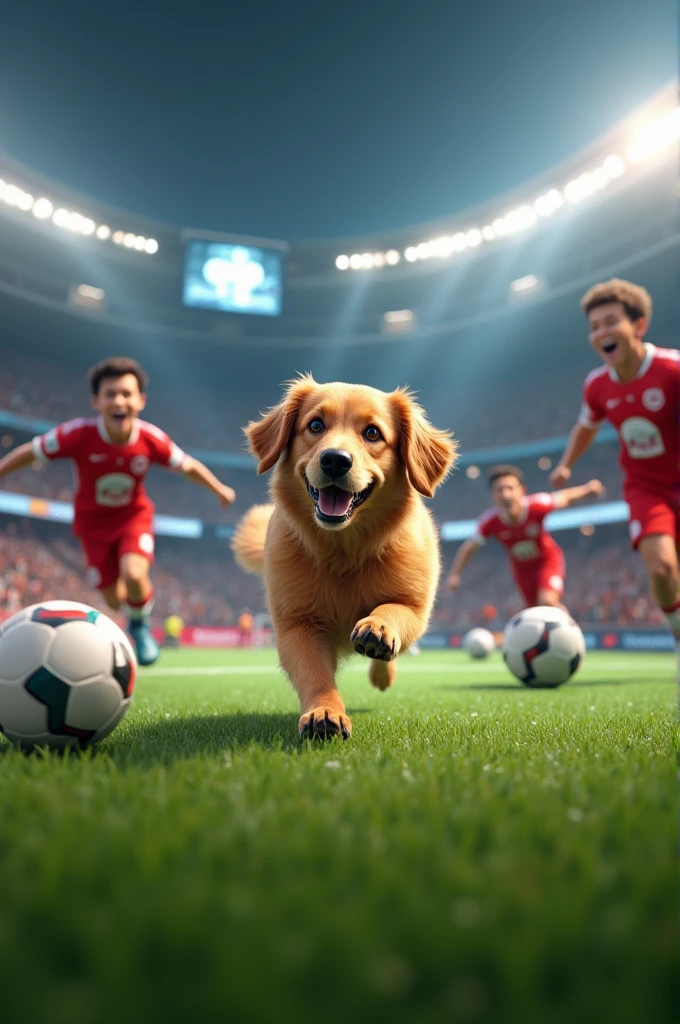 A dog playing football in arena with football players