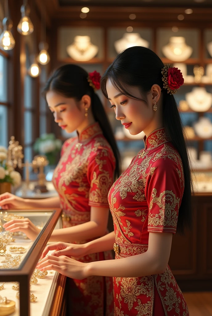 Jewelry shop assistants wearing Nyonya clothing