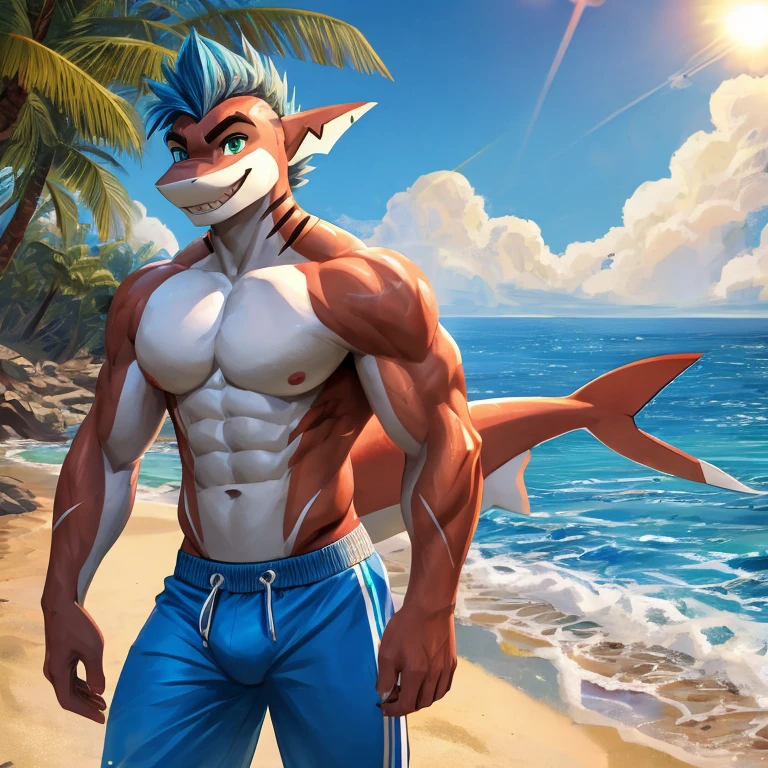 Masterpiece, best quality, high quality, Best quality, 1anthro Shark girl, 1anthro Shark boy, White Shark anthros, Shark anthro girl has Blue eyes, has slim body, wears a swimsuit, Shark anthro boy has Green eyes, wears a swim pants, Shark boy has slim body and strong build, handsome face, happy, walking in the Beach, Summer, sunny day