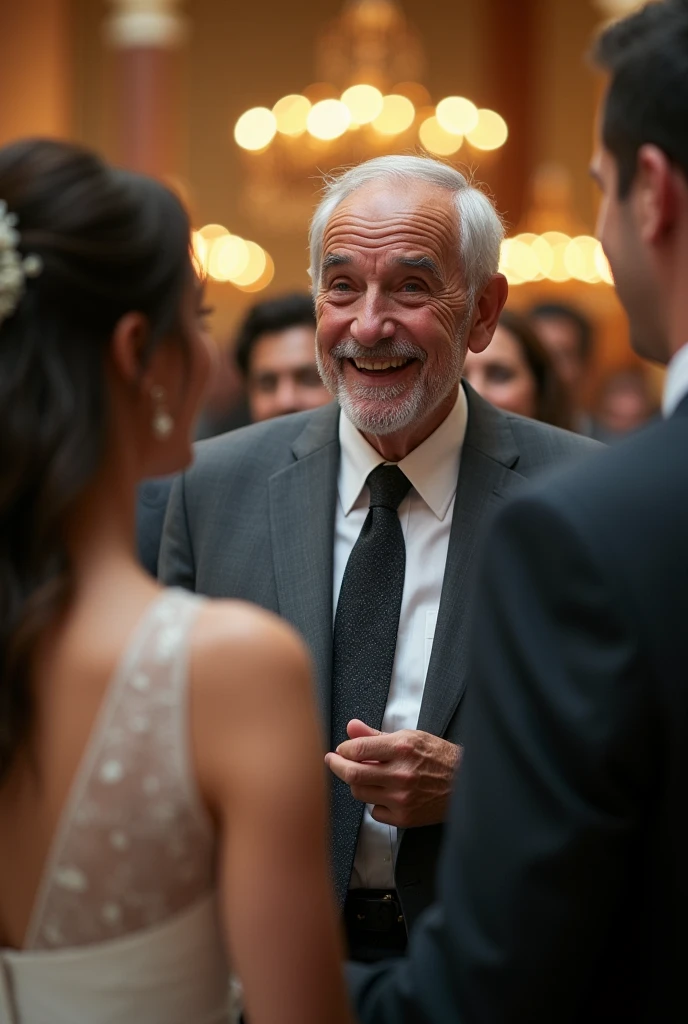 An elderly man in a charcoal grey suit at a wedding，Smiling and blessing the newlyweds。front Photo


