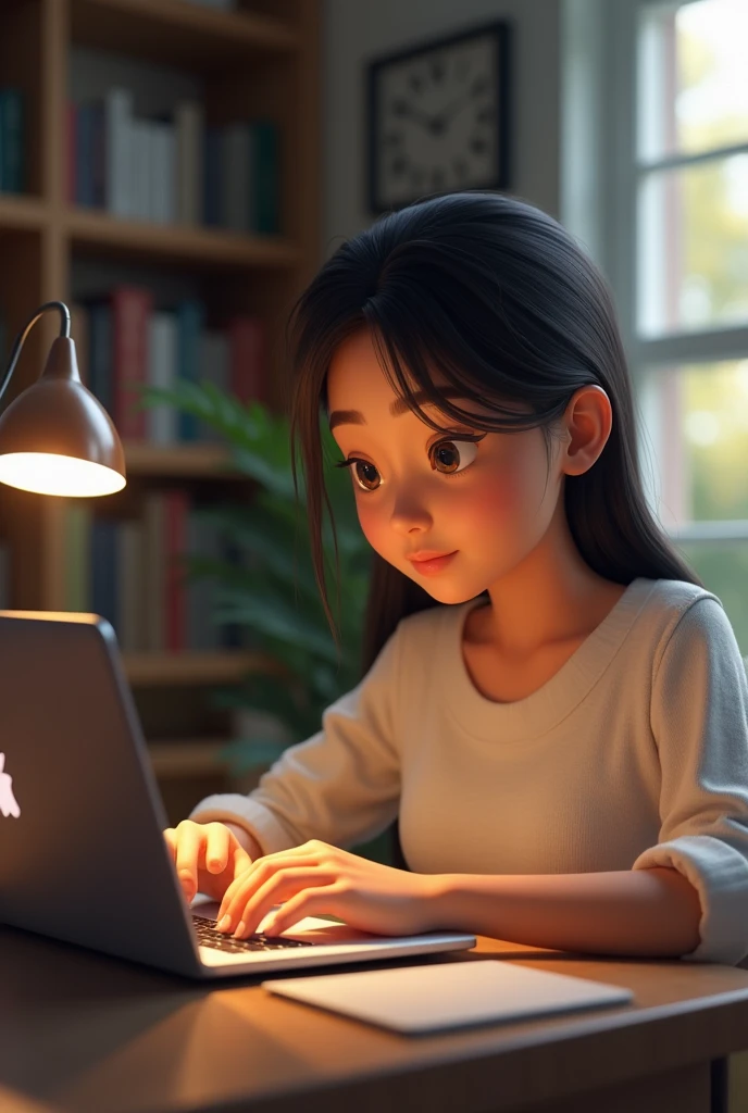 Generate a image where a girl doing work with laptop