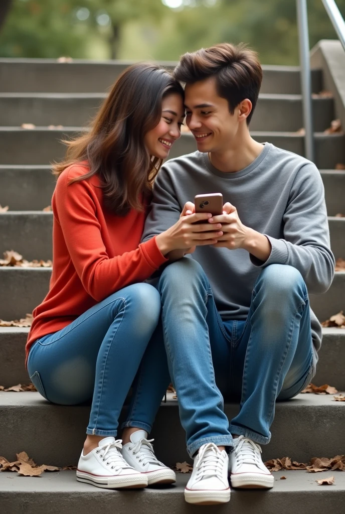 This couple is sitting on the stairs and talking, the girl is wearing a red top and jeans and the boy is wearing a grey shirt and jeans and both are wearing white shoes, a friend of both of them is also sitting with them, she is using her phone. She is sitting on the stairs one below them