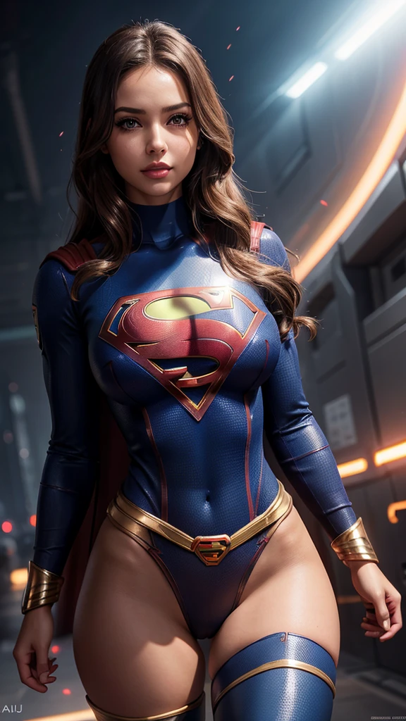 a sexy supergirl, detailed face, beautiful eyes, long eyelashes, full lips, flawless skin, large breasts, slim waist, curvy hips, tight bodysuit, thigh high boots, dynamic pose, glowing energy aura, cinematic lighting, vibrant colors, photorealistic, intricate details, 8k, high quality