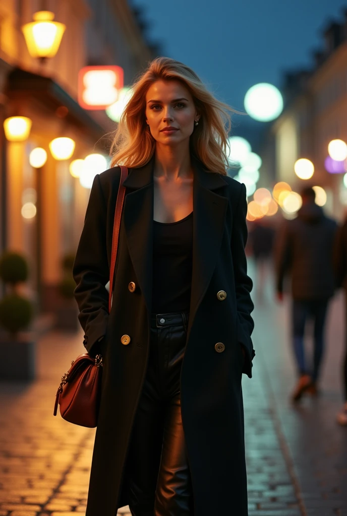 30 year old color photograph (German woman:1.3), chic, (strolling in europe:1.3), at night, flat lighting, (Smooth Saturation:1.2), analog style,