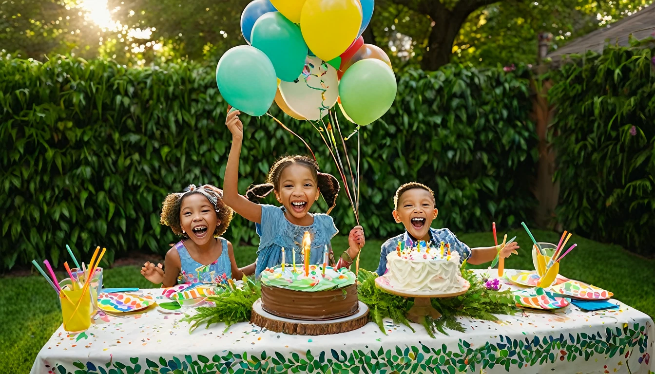 intricate detailed portrait of a group of children at a birthday party, 1 girl, 2 boys, 5-, varied ethnicity, outdoor backyard setting, children running and playing, laughing, joyful expressions, table with birthday cake and decorations, colorful balloons, lush greenery, vibrant colors, warm lighting, photorealistic, high resolution, masterpiece, ultra-detailed, hyperrealistic