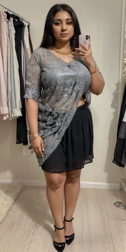 Day scene, A radiant, full-figured South Indian 35 year old aunty a gray colour chiffon mini skirt and black chiffon shirt, standing, in a garden captured in a full-body image with vibrant hues and meticulous details. Full body image