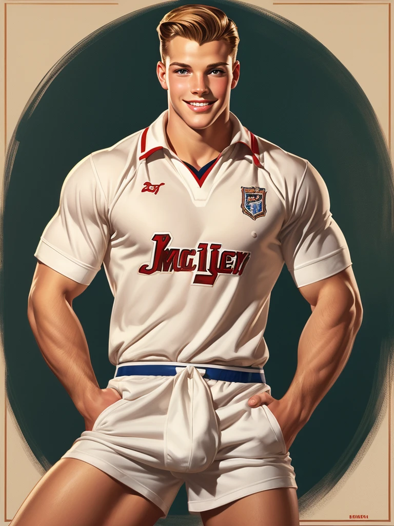 Leyendecker style illustration; long angle, high resolution, detailed face, male focus, muscular blond college hockey captain, 23 years old, wearing hockey uniform, looking at viewer, mjf, mole, , beautiful smile, naked below the waist, muscular legs, big dick, boner, erection.