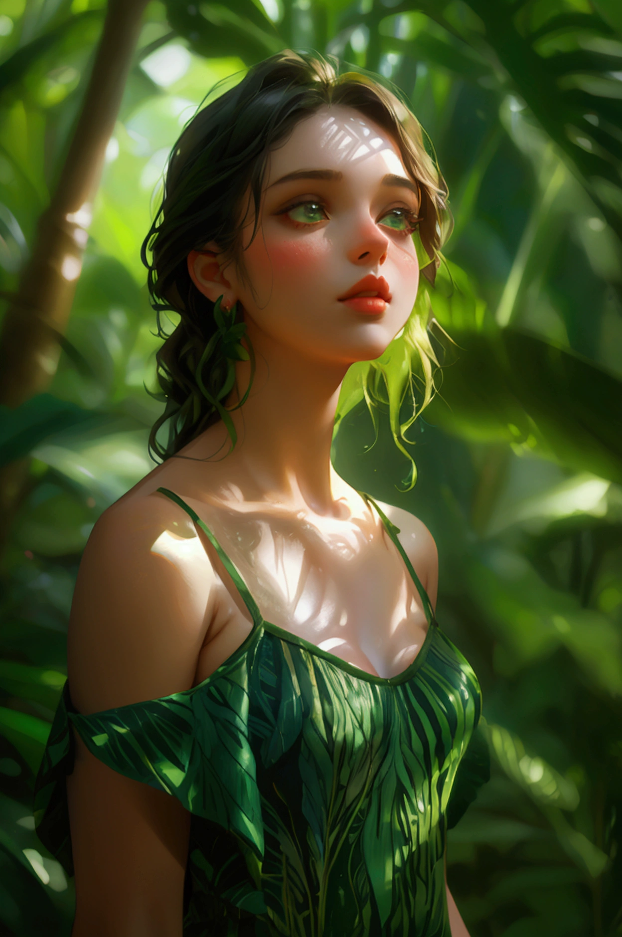 A girl standing in a jungle , passionately speaking about the benefits of green trees, lips moving ,  full girl, cute girl, very beautiful background wearing green dress