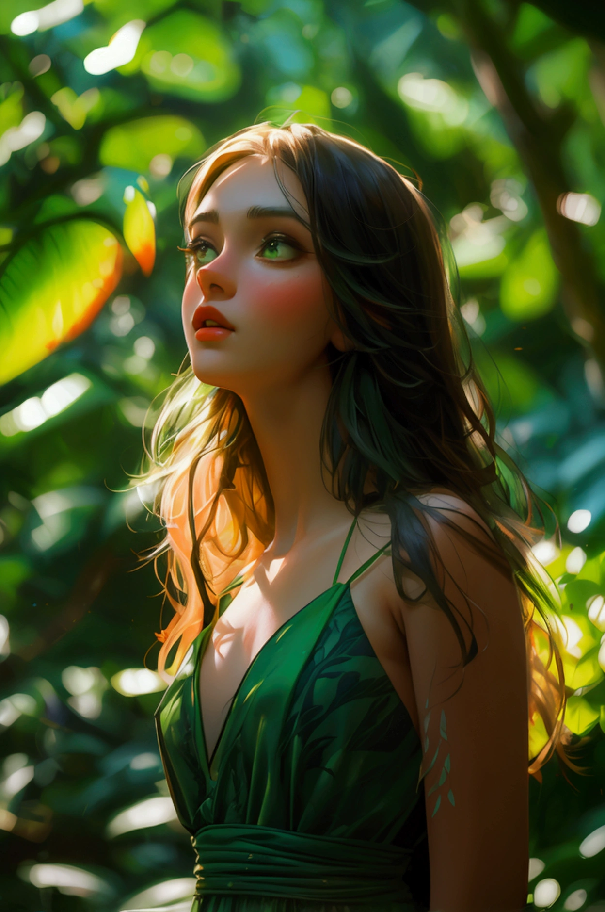 A girl standing in a jungle , passionately speaking about the benefits of green trees, lips moving , full girl, cute girl, very beautiful background wearing green dress