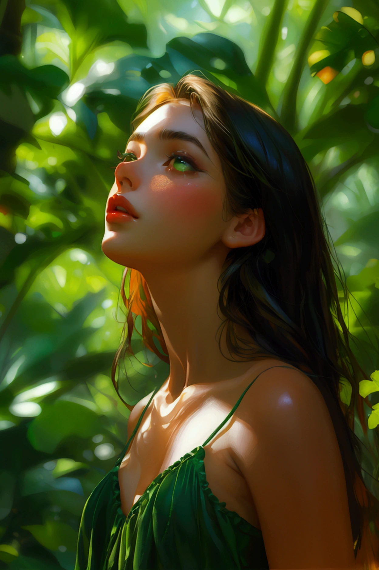 A girl standing in a jungle , passionately speaking about the benefits of green trees, lips moving , full girl, cute girl, very beautiful background wearing green dress