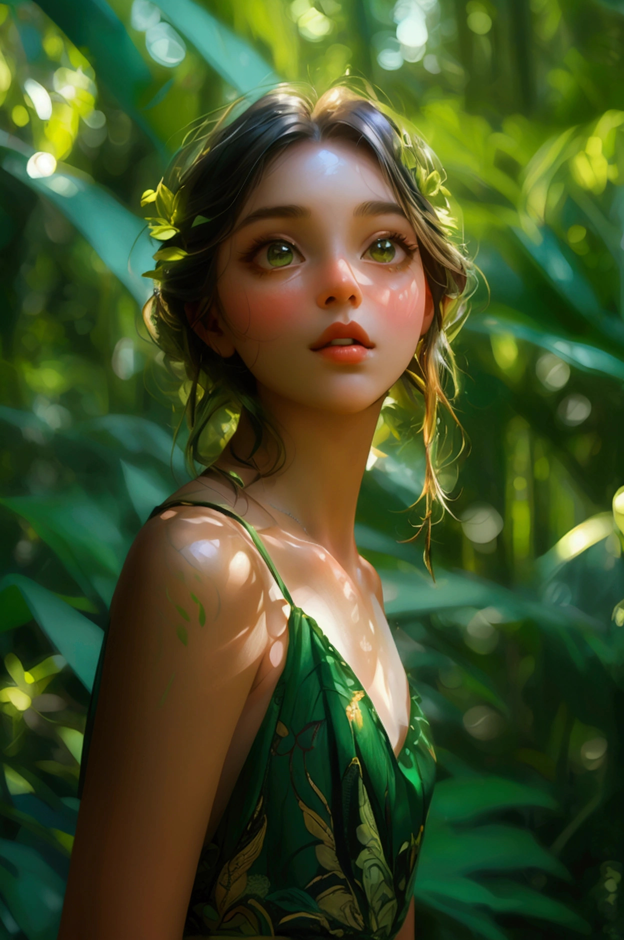 A girl standing in a jungle , passionately speaking about the benefits of green trees, lips moving ,  full girl, cute girl, very beautiful background wearing green dress