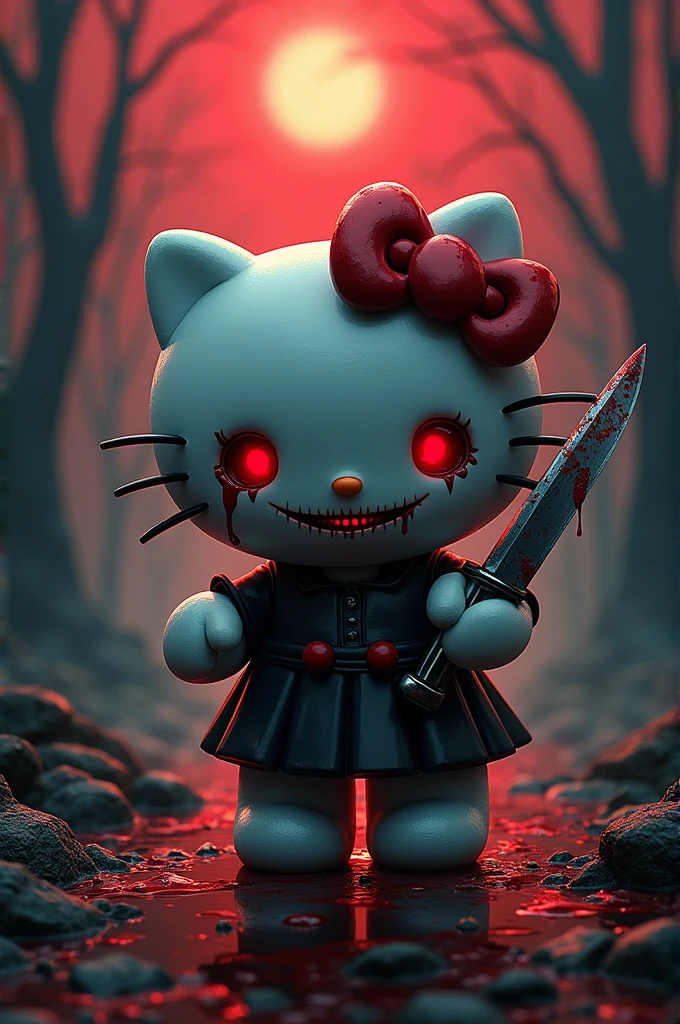 Create a domain expansion: hello kitty island. The details should be horror theme, hello kitty holding a knife with blood