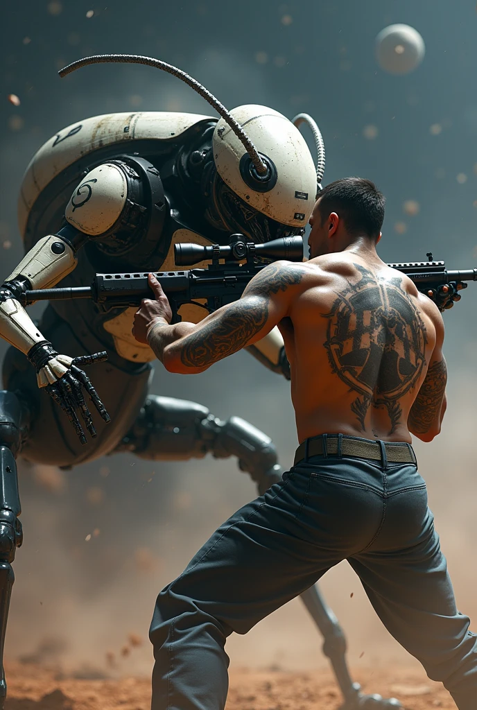 A robo ant fighting a man with m416 gun in his hand and his upper body should be naked and Toxic tatoos on his back and 01 tattoo on his neck in space yield