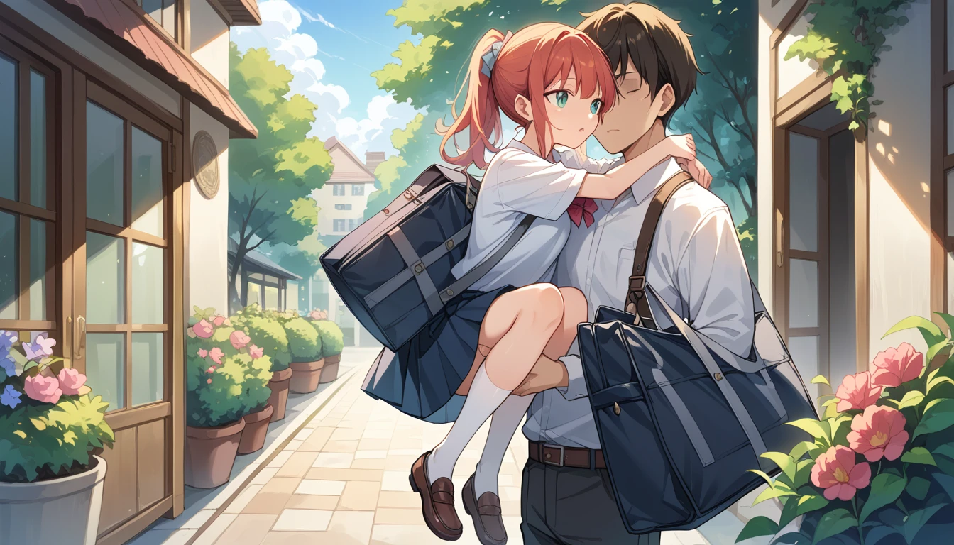 Highest quality,high school girl,ponytail,Carrying a bag,garden