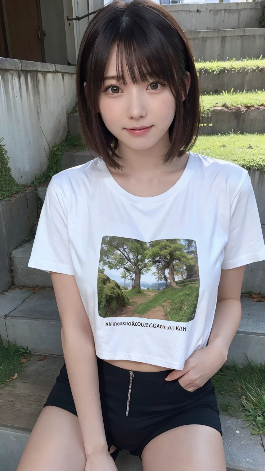 beautiful girl, One Girl, (Cropped logo T-shirt:1.3, low-rise hot pants:1.3), (16yo:1.3), break, (Beautiful moss-covered stairs:1.2), break, Shy laugh, Very beautiful eyes, (Symmetrical eyes:1.3), break, (D cup Breasts:1.2), Brown eyes, Parted bangs, Brown bob cut hair, Round face, cute, break, (Eye and facial details:1.0), Spread your legs:1.3, Shooting from below, Pussy Line, Camel Toe, Looking into the camera, masterpiece, Highest quality, RAW Photos, Realistic, Cute people, Written boundary depth, High resolution, Very detailedな, In detail, Very detailed, Very detailed目と顔, Sharp pupils, Cinema Lighting