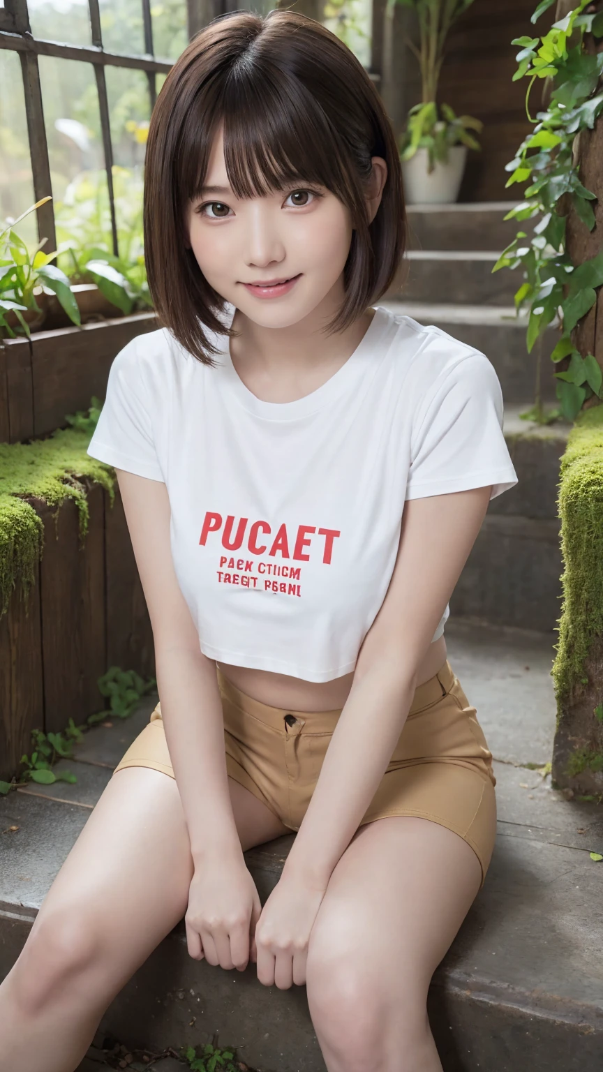 beautiful girl, One Girl, (Cropped logo T-shirt:1.3, low-rise hot pants:1.3), (yo:1.3), break, (Beautiful moss-covered stairs:1.2), break, Shy laugh, Very beautiful eyes, (Symmetrical eyes:1.3), break, (D cup Breasts:1.2), Brown eyes, Parted bangs, Brown bob cut hair, Round face, cute, break, (Eye and facial details:1.0), Spread your legs:1.3, Shooting from below, Pussy Line, Camel Toe, Looking into the camera, masterpiece, Highest quality, RAW Photos, Realistic, Cute people, Written boundary depth, High resolution, Very detailedな, In detail, Very detailed, Very detailed目と顔, Sharp pupils, Cinema Lighting