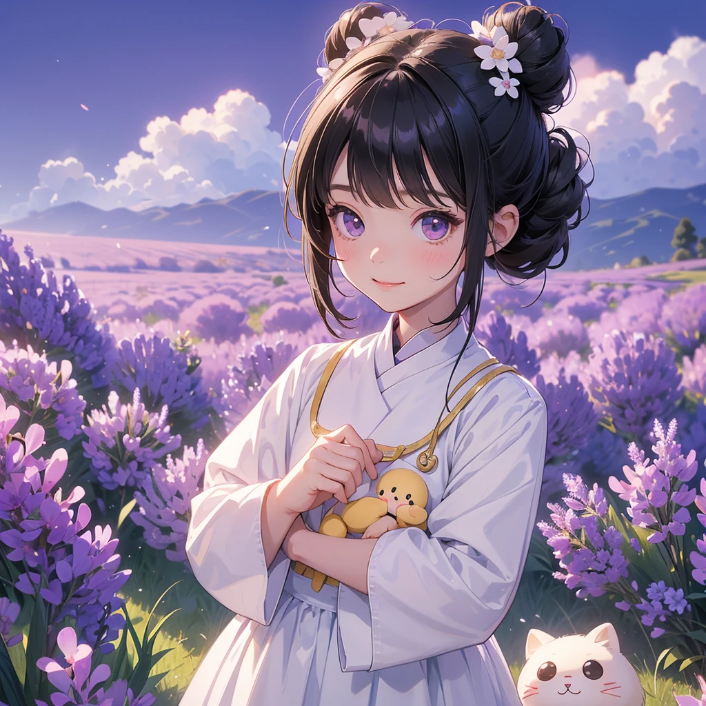 A chibi child girl had a small face and wearing a white little tourist priest’s outfit, a pair of big round eyes shone with curiosity about him. This child was so cute, her hair is black with buns on her hair. Small chibi , chibi baby, smiling , chibi. 

Stroll among the purple lavender fields , There are some floating clouds.