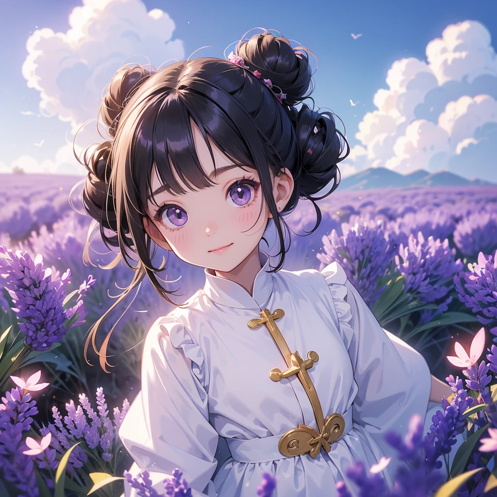 A chibi child girl had a small face and wearing a white little tourist priest’s outfit, a pair of big round eyes shone with curiosity about him. This child was so cute, her hair is black with buns on her hair. Small chibi , chibi baby, smiling , chibi. 

Stroll among the purple lavender fields , There are some floating clouds.