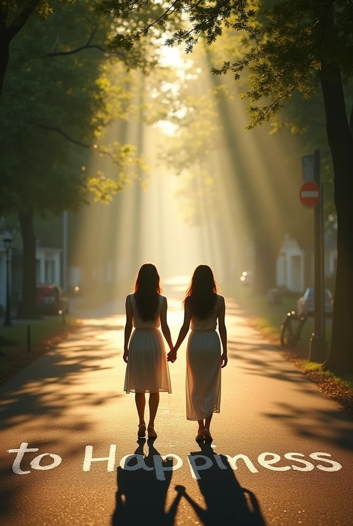  “to happiness” scribbled in chalk on the road, ((masterpiece, highest quality, Highest image quality, High resolution, photorealistic, Raw photo, 8K)), ((Extremely detailed CG unified 8k wallpaper)), The back view of a two woman walking hand in hand, on a tree-lined street with sunlight filtering through the trees, the last scene of a romantic movie, green leaves and white light, a walkway in the morning mist, seen from above,