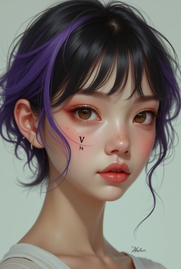 A girl with light skin, moderately slanted eyes, several moles on the face, eyes the color of honey, dimples on both cheeks, Short hair with a purple streak and a scar on the mouth