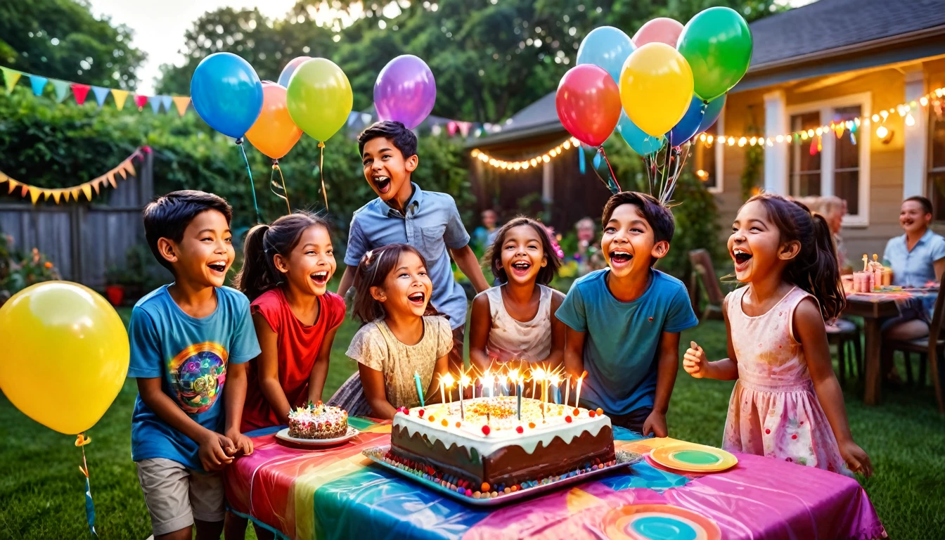 intricate detailed portrait of a group of children at a birthday party, 1 girl, 2 boys, 5-8 years old, varied ethnicity, outdoor backyard setting, children running and playing, laughing, joyful expressions, table with birthday cake and decorations, colorful balloons, lush greenery, vibrant colors, warm lighting, photorealistic, high resolution, masterpiece, ultra-detailed, hyperrealistic

