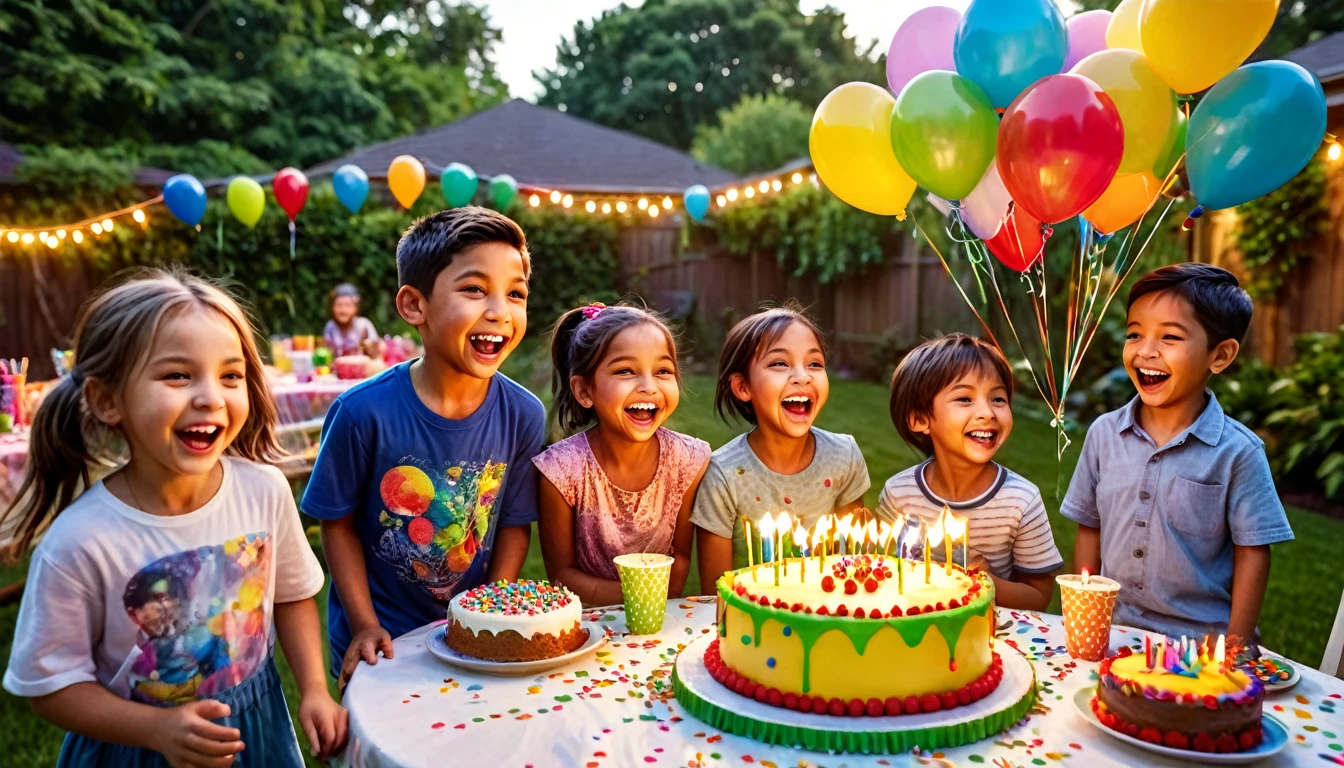 intricate detailed portrait of a group of children at a birthday party, 1 girl, 2 boys, 5-, varied ethnicity, outdoor backyard setting, children running and playing, laughing, joyful expressions, table with birthday cake and decorations, colorful balloons, lush greenery, vibrant colors, warm lighting, photorealistic, high resolution, masterpiece, ultra-detailed, hyperrealistic