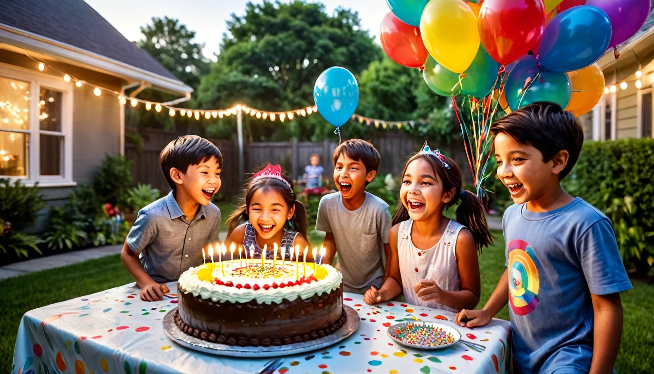 intricate detailed portrait of a group of children at a birthday party, 1 girl, 2 boys, 5-, varied ethnicity, outdoor backyard setting, children running and playing, laughing, joyful expressions, table with birthday cake and decorations, colorful balloons, lush greenery, vibrant colors, warm lighting, photorealistic, high resolution, masterpiece, ultra-detailed, hyperrealistic