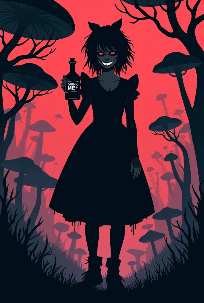 Minimalist silhouette art in the style of Olly Moss, depicting a dark, twisted version of Alice in
Wonderland. Alice is shown as a troubled, almost punk-like figure, with disheveled hair and torn
clothing, holding a bottle labeled *Drink Me with a sinister grin. Surround her with surreal, distorted
elements like oversized mushrooms and twisted trees. The color palette should be dark and moody,
using deep purples, blacks, and blood reds, with sharp contrasts between light and shadow. The
background should hint at a chaotic Wonderland, with a foreboding atmosphere.