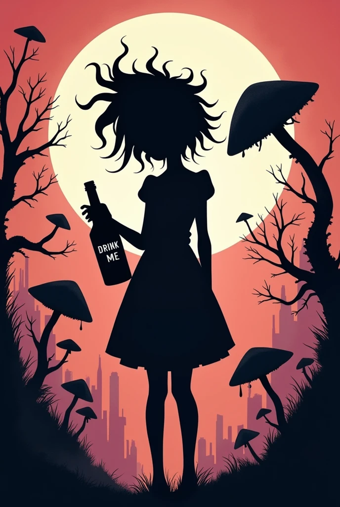 Minimalist silhouette art in the style of Olly Moss, depicting a dark, twisted version of Alice in
Wonderland. Alice is shown as a troubled, almost punk-like figure, with disheveled hair and torn
clothing, holding a bottle labeled *Drink Me with a sinister grin. Surround her with surreal, distorted
elements like oversized mushrooms and twisted trees. The color palette should be dark and moody,
using deep purples, blacks, and blood reds, with sharp contrasts between light and shadow. The
background should hint at a chaotic Wonderland, with a foreboding atmosphere.